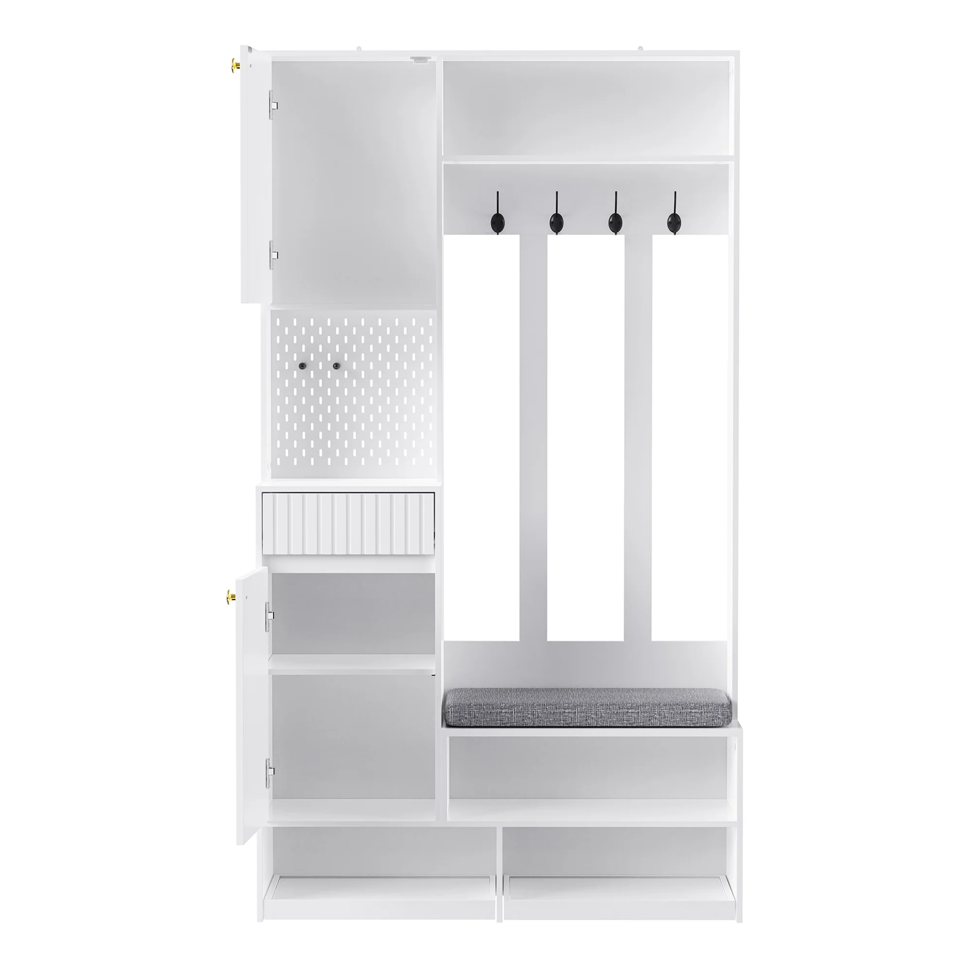 Garderobenset Weiß 100 x 35 x 180 cm, Flurgarderobe aus MDF mit Sitzbank und Kissen, 4 Haken, Spiegel, Lochwand, Türen, Schubladen und Schuhregal, Dielenschrank mit Kippsicherung