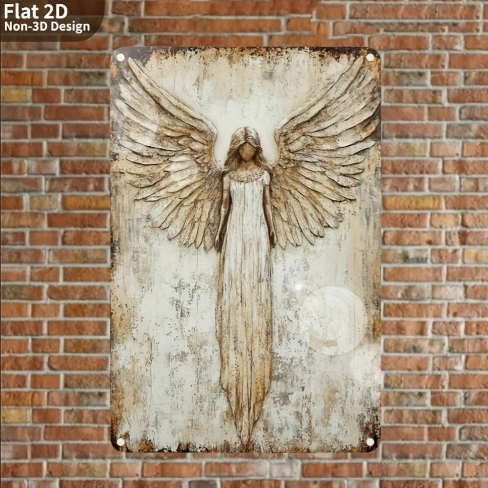 Vintage Engelsflügel Wanddekoration aus Metall, Große Rustikale Farmhaus-Plakette mit Elegantem Design, Beige-Grau-Schwarze Metallische Oberfläche für