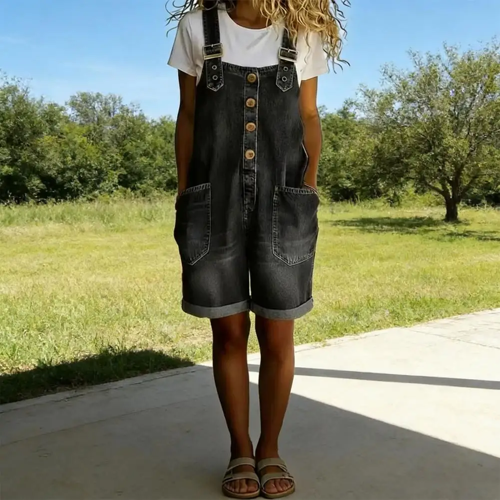 Denim-Latzshorts für Damen mit Knopfleiste, Weitem Bein, Lockerer Schnitt, Verstellbaren Trägern und Baggy-Stil für den Sommer Image