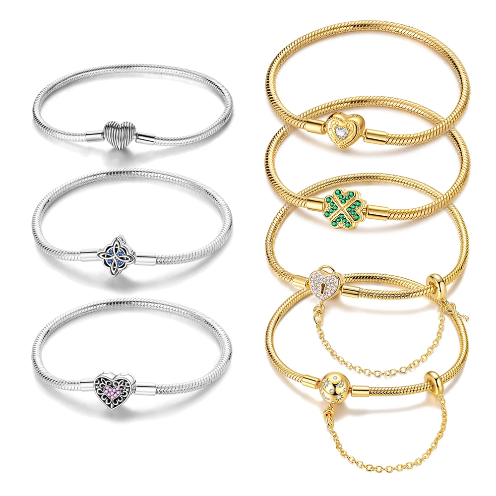 Romantisches Sternenhimmel 925 Silber Armband, Herz Muschel Vierblättriges Kleeblatt Rose Schlüssel Schlangenkette Armband Geschenk für Sie Image