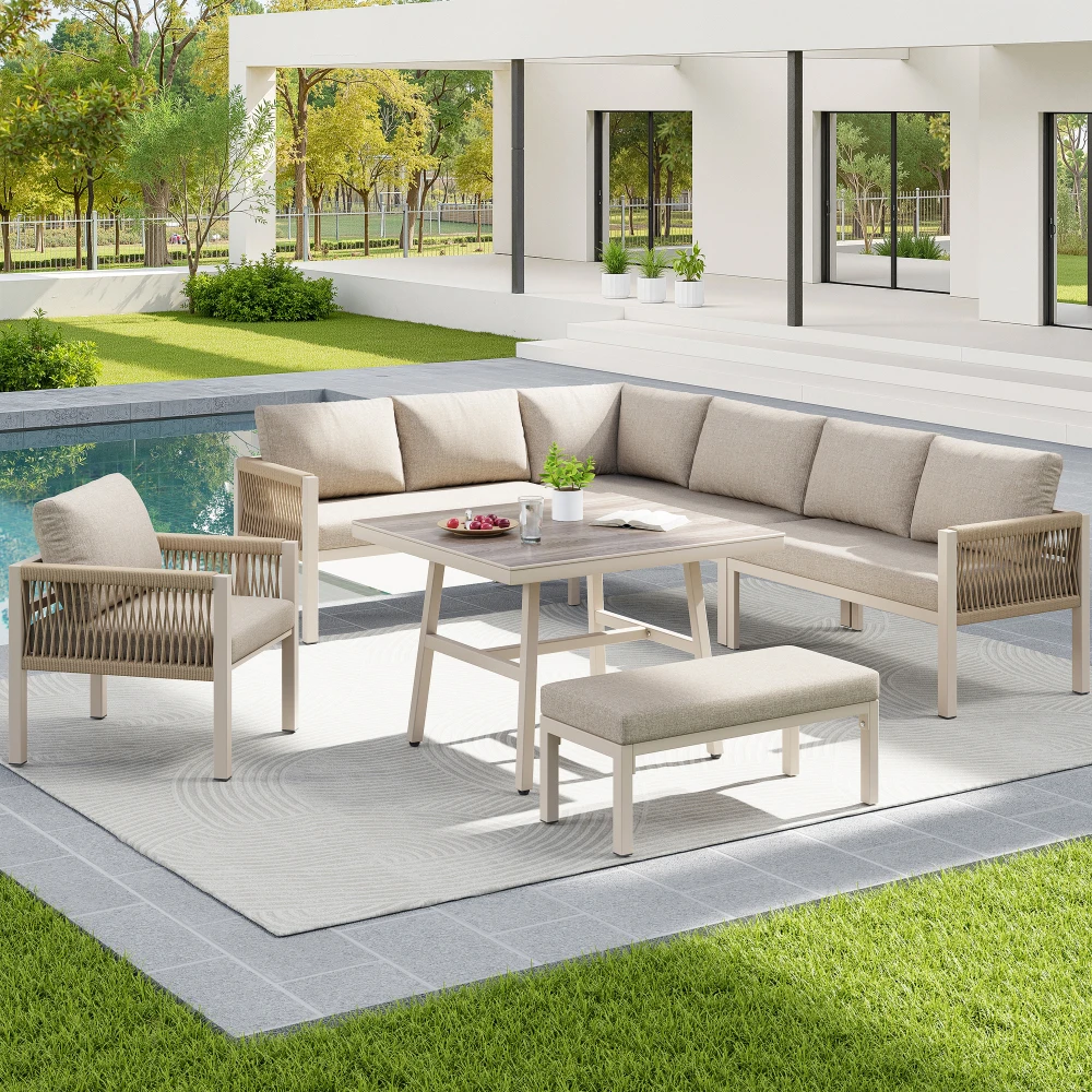 8-Sitzer L-förmiges Garten-Sofa-Set mit Kissen, handgewebte Terrassenmöbel, robustes Eisenrahmen-Design, wetterbeständiges Outdoor-Ecksofa mit Holzoptik-Glastisch und Einzelsessel – perfekt für