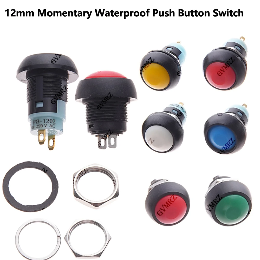 5 Stück Weiß Grün Blau Mini 12mm Momentaner Wasserdichter Drucktastenschalter Horn1A 250V Selbstrückstellend Rot Gelb Schwarz DIY Image
