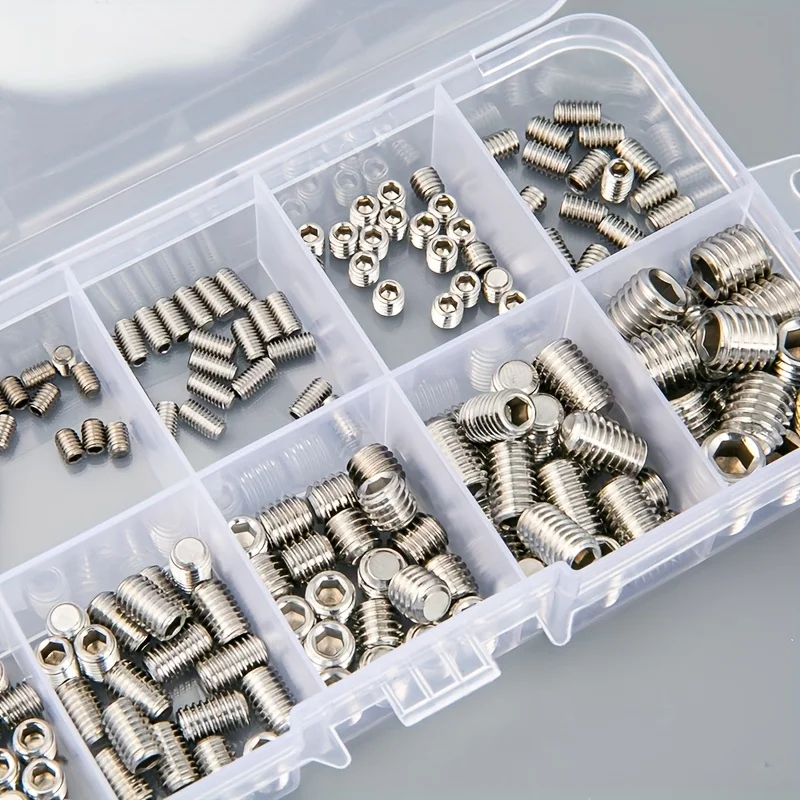 [100/200 Stück 304 Edelstahl-Schraubenset] Edelstahl-Schraubenset, Größen M2,5-M4, silberfarbener Sechskant-Innensechskant-Ankerbolzen Image