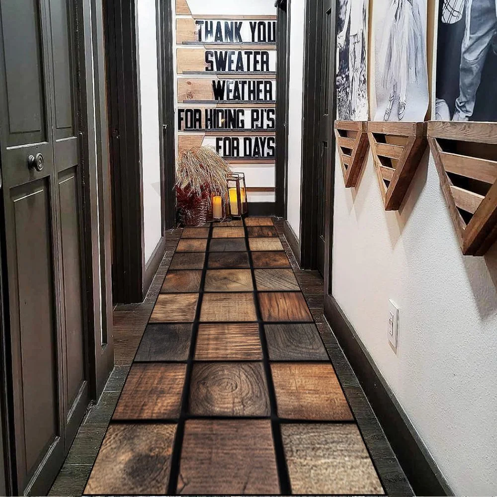 VIKAMA Rustikaler Holzplanken-Läufer, rutschfeste, waschbare Bodenmatte für Flur, Küche, Bauernhaus, Heimdekoration Image