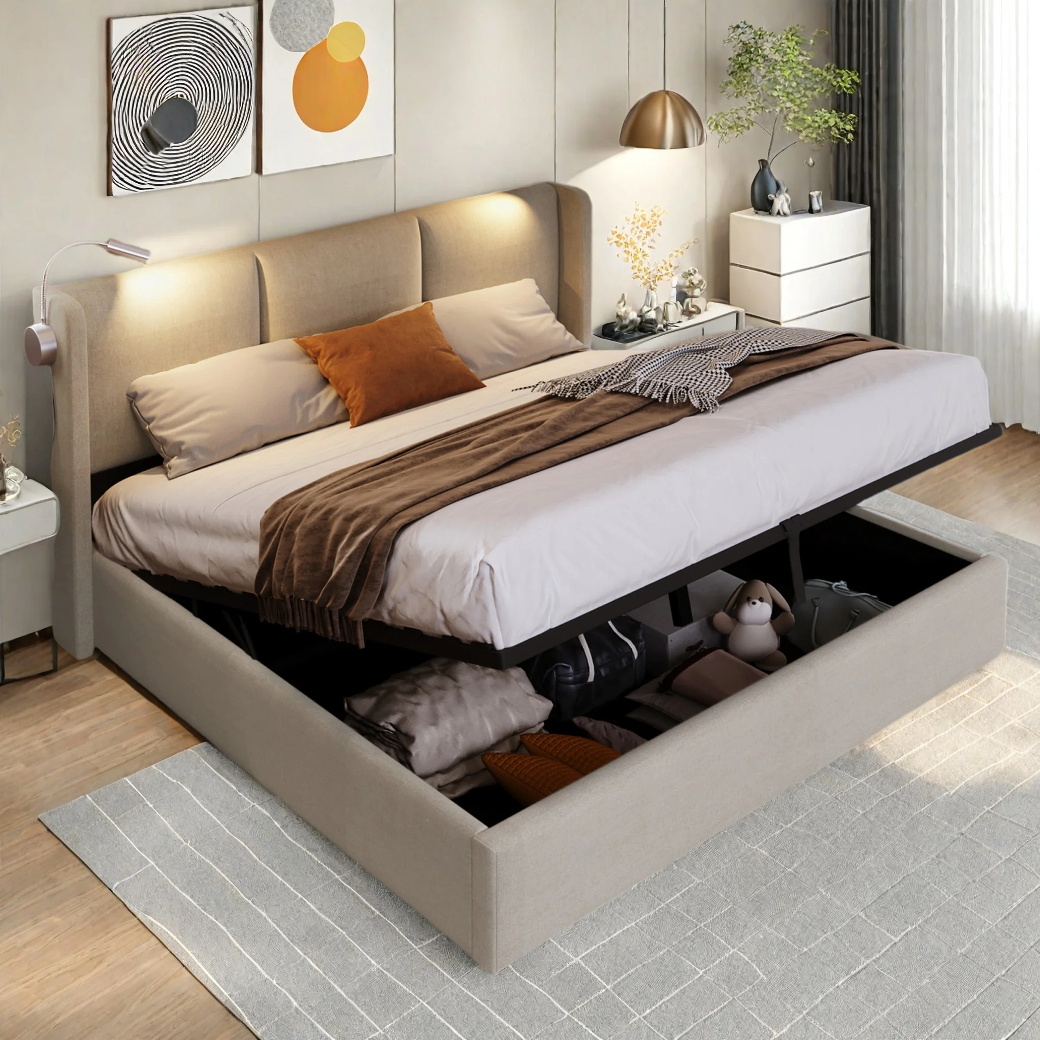 Anajqaqia 160×200 cm Hydraulisches Bett mit Leselampe und Lattenrost, Gepolstertes Doppelbett, mit Stauraum, Leinen, Beige Image