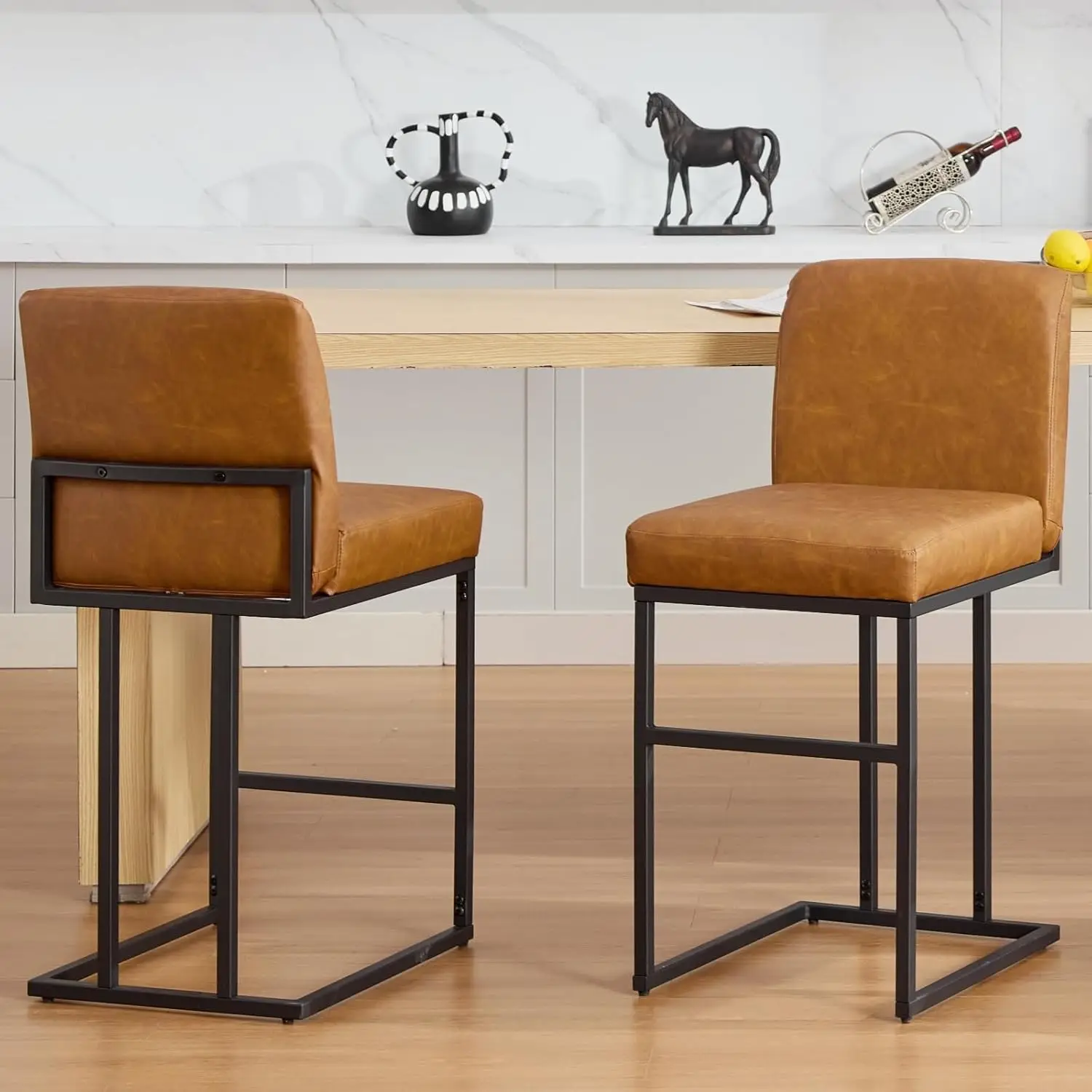 Barhocker 24 Zoll, Moderner PU-Leder Barhocker mit Rückenlehne, Gepolsterter Sitz, Metallrahmen Kücheninsel-Hocker mit A Image