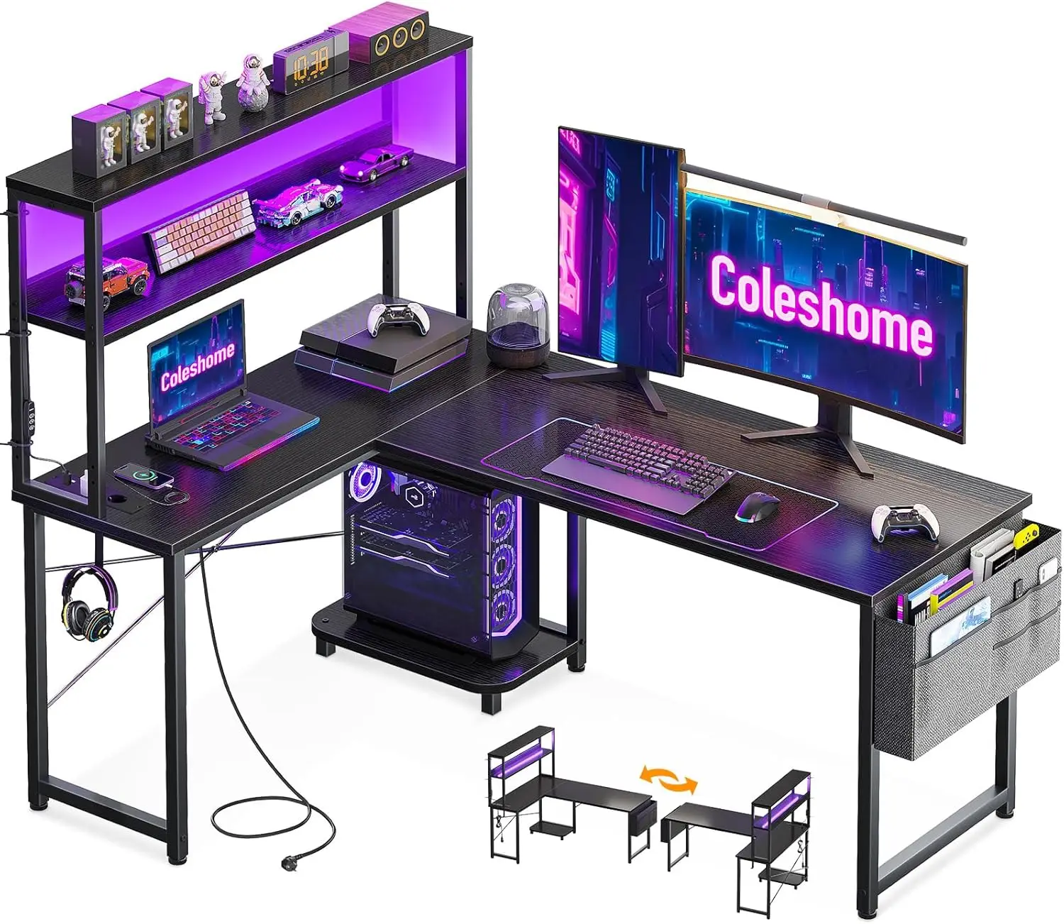 Coleshome Gaming-Tisch in L-Form mit LED und Steckdosen, 135×100cm umkehrbarer Gaming-Schreibtisch mit Ablagefächern, Eckschreibtisch mit Aufbewahrungstasche für Home-Office und Gaming, Schwarz Image