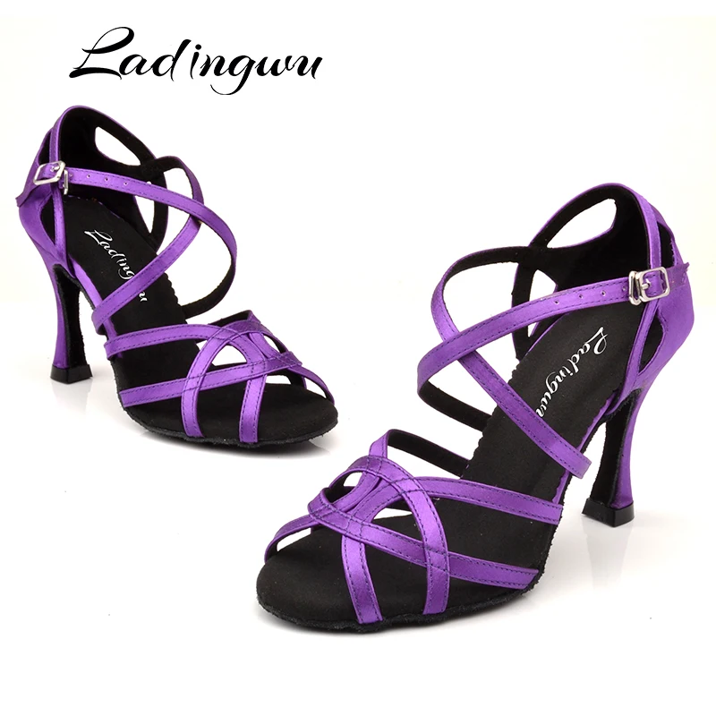 Ladingwu Tanz Schuhe Latin Frauen Lila Satin Salsa Dance Schuhe einzigartige design Weichen Boden Ballroom Dance Schuhe Kuba Ferse 9 cm Image
