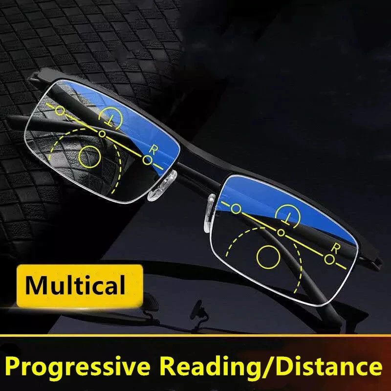 Progressive Lesebrille multifokale Anti-Blaulicht Smart Zoom Brille Halb rahmen Metall Männer Frauen 1,5 bis 4,0 Image