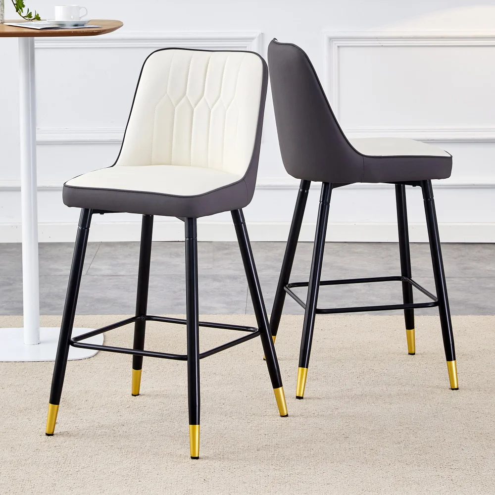 100cm Hohe Barhocker 2er-Set, Zweifarbig Weiß Dunkelgrau PU-Leder, Schwarze Metallbasis mit Fußstütze für Hausbar Küche