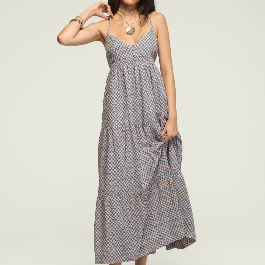 Lucky Brand Printed Ruched Waist Maxi in Blue Ikat, Size 2XL