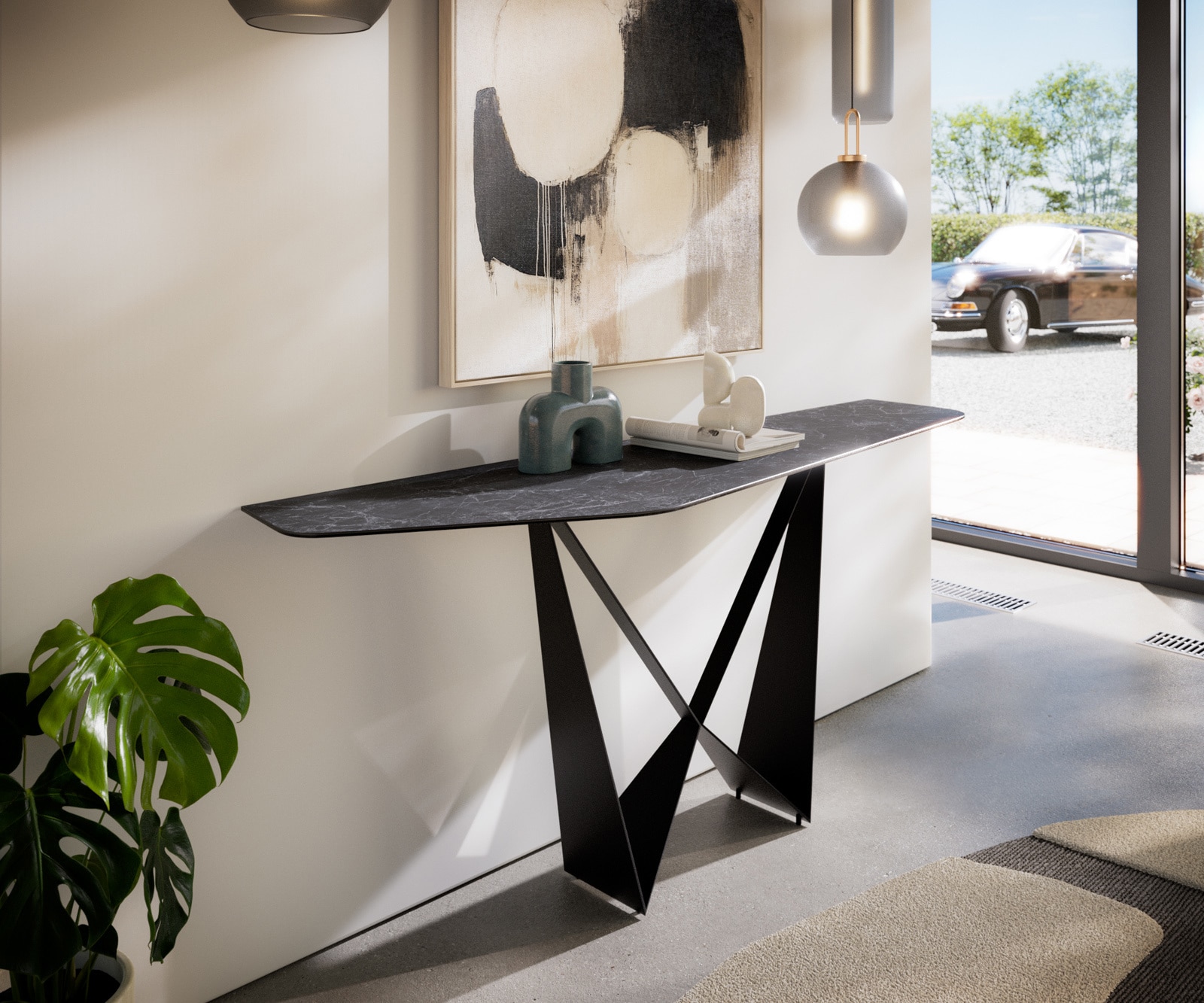 DELIFE Konsolentisch Edge Polygonal 180x50 cm Keramik Laminam® Nero Greco Anthrazit Spios Metall Schwarz, Konsolentische Image