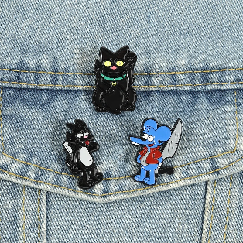Gun Cat Knife Mouse Emaille-Pins, lustige Cartoon-TV-Show-Broschen, Metall-Reversnadeln, Tier-Schmuck, Geschenk für Kinder, Freunde Image