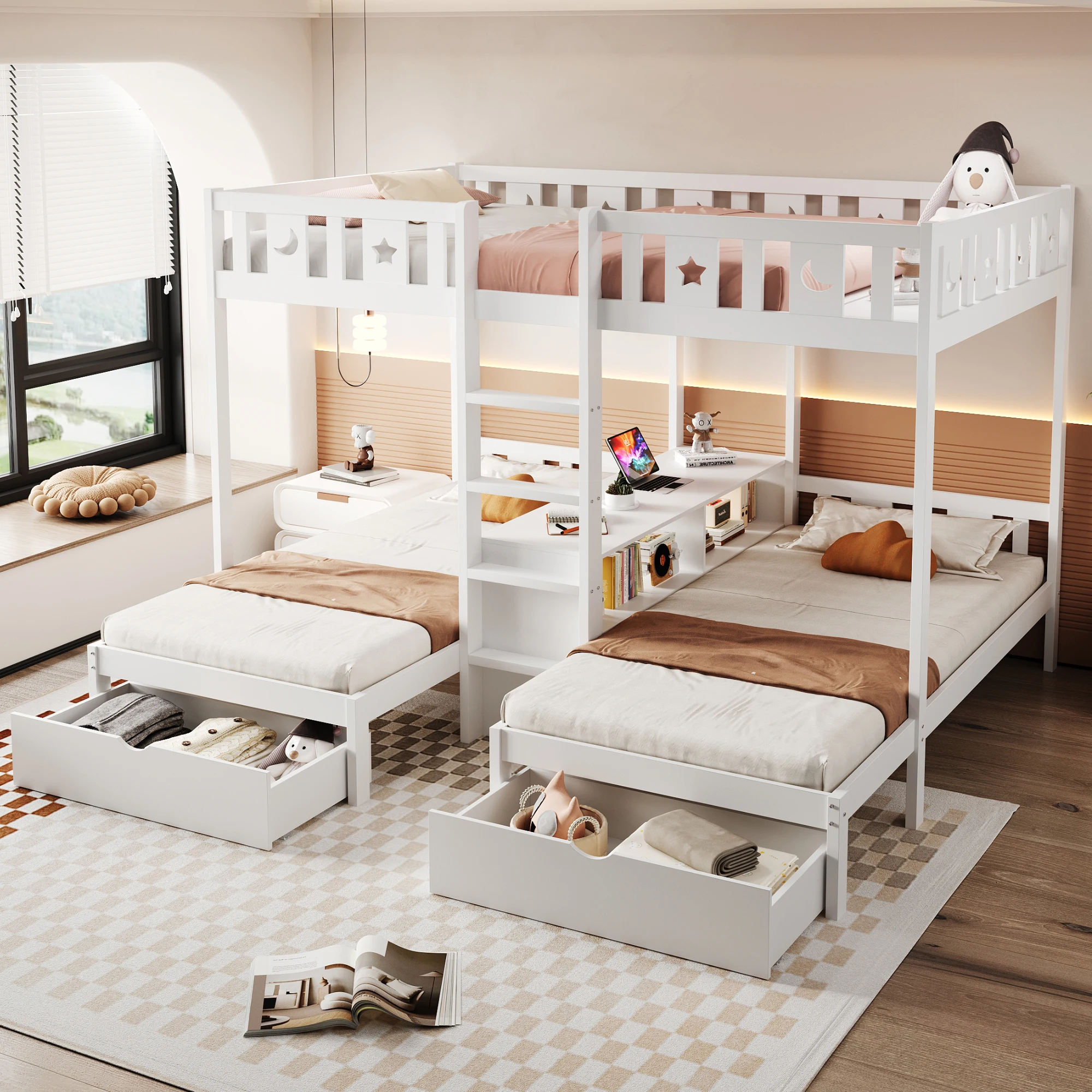 Kinder-Etagenbett 90-140x200cm, Etagenbett mit Treppe und Aufbewahrungsschrank, Multifunktionsbett, Spielbett, ohne Matratze, Weiß
