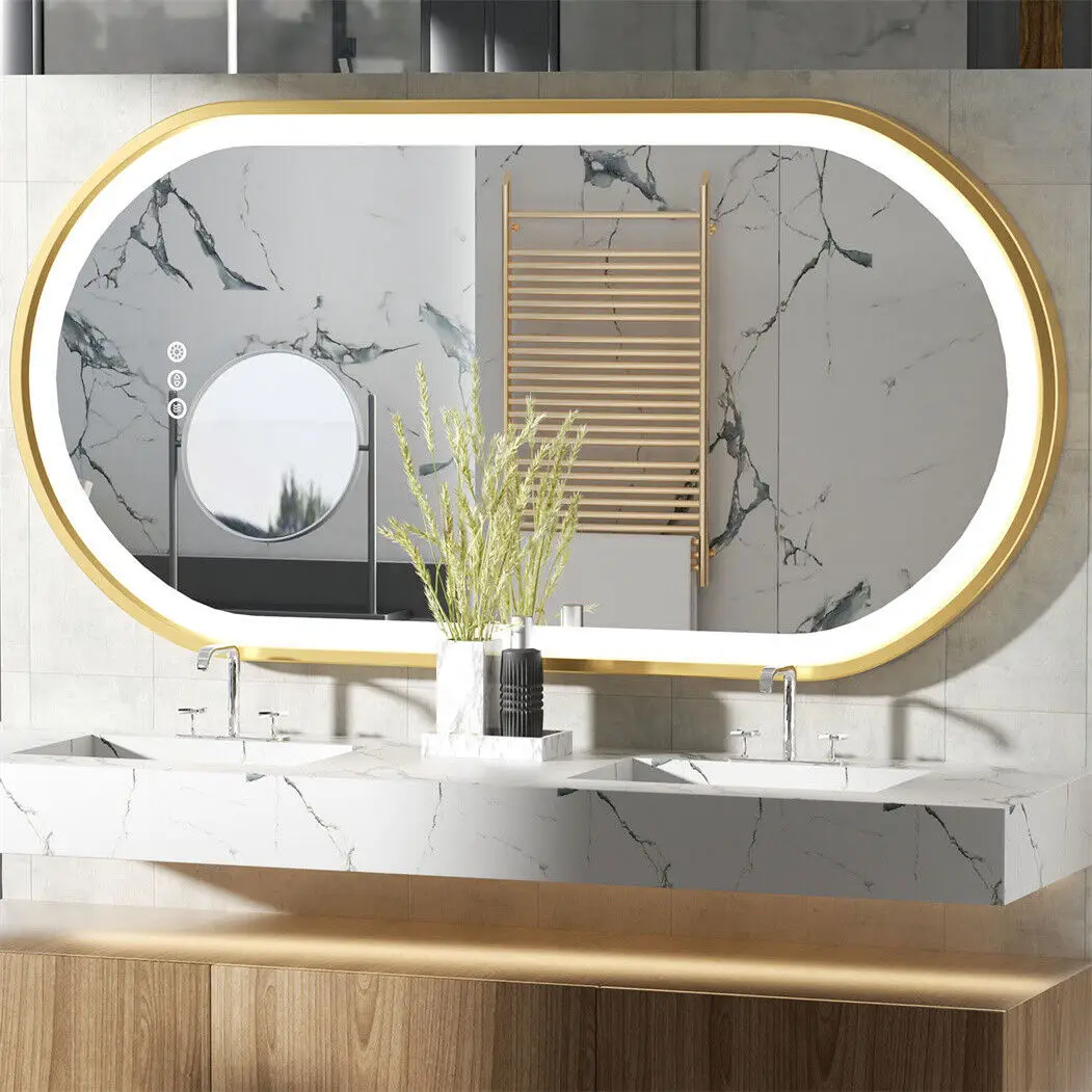 LED-Badezimmerspiegel Ovaler Beleuchteter Wandspiegel Aluminiumrahmen in Gold mit Memory-Funktion und Antibeschlag-Beschichtung 3 Wechselbare Farben, IP56 800X500MM