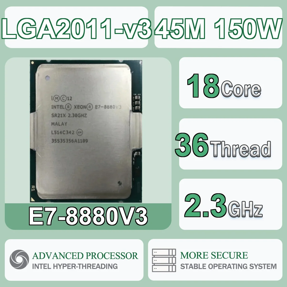 Intel Xeon E7-8880V3 18 Kerne 36 Threads 2,3GHz 150W 45MB Cache 22nm LGA 2011-v3 SR21X DDR4-1333/1600/1866 DDR3-1066/1333/1600MHz Image