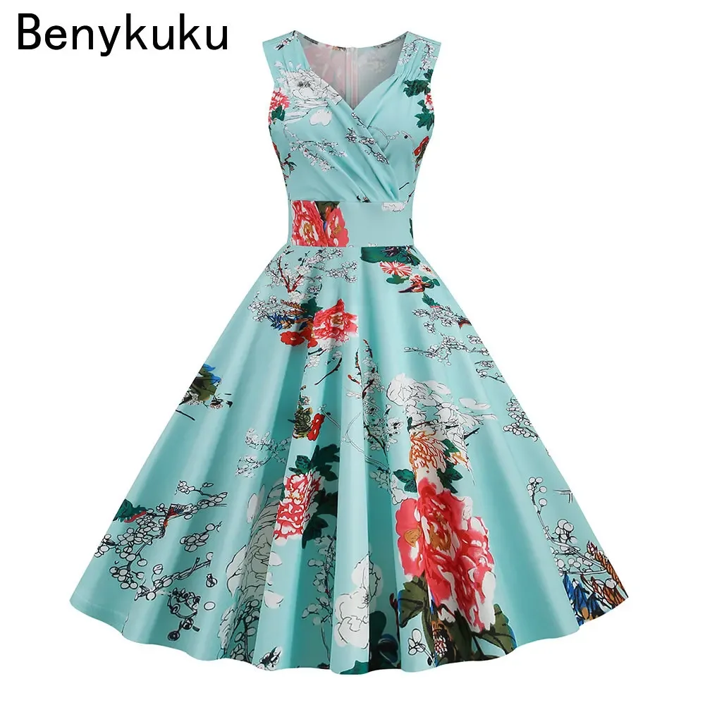 Blumendruck 1950er 60er Jahre Vintage Damen Kleid Elegante Sommer Robe Damen Ärmellos V-Ausschnitt A-Linie Swing Rockabilly Kleider 2025