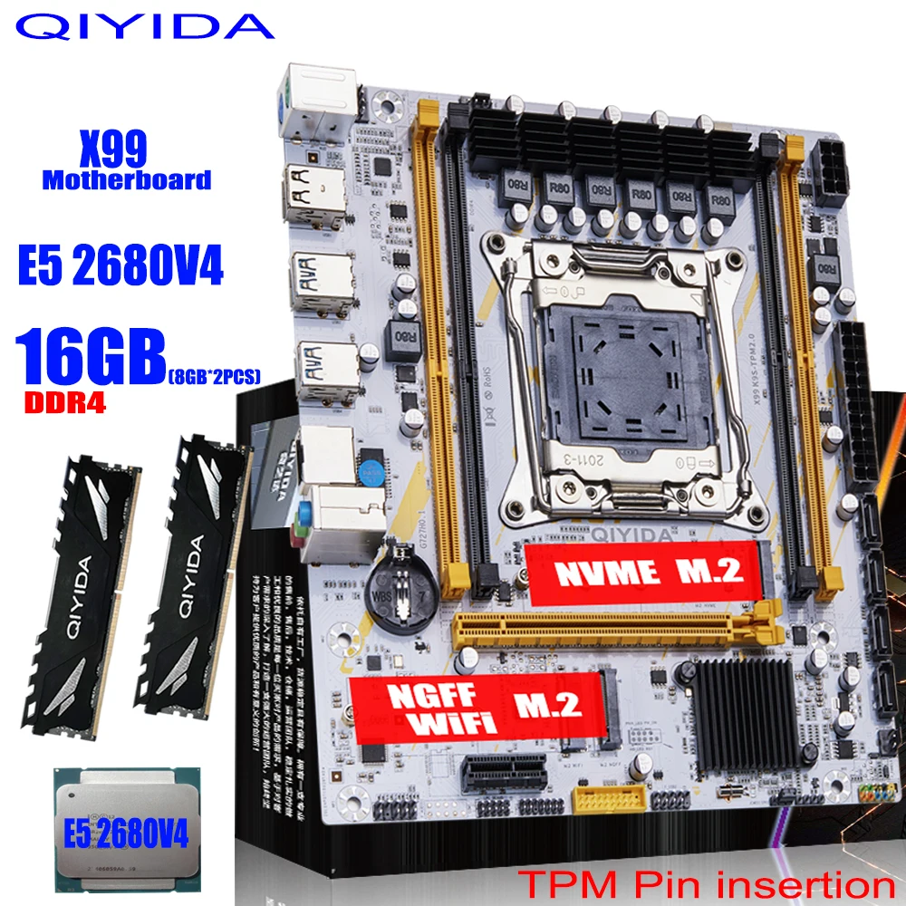 QIYIDA X99 Motherboard LGA2011-3 Set Kit Xeon E5 2680 V4 CPU Prozessor 16GB=2*8Gb DDR4 RAM Speicher NVME M.2 M-ATX SATA3.0 X99 K9S Image