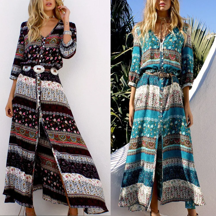 Mode druck Boho Maxi Strand kleid Frauen Sommer lose lässige Knöpfe böhmische lange Kleider für Frauen Image