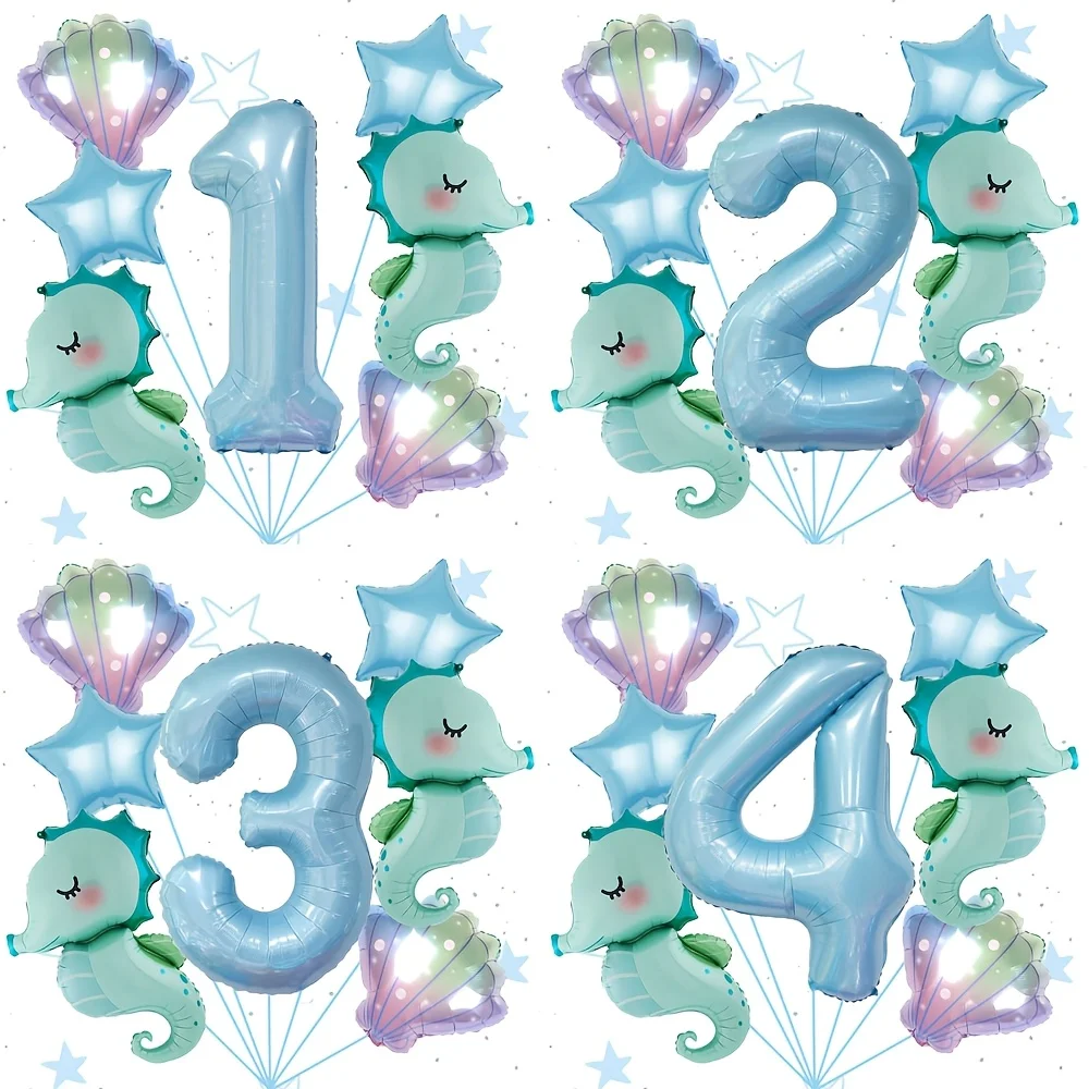 7-teiliges Unterwasserwelt-Themen-Partyballon-Set, Neuer 40-Zoll Blauer Seepferdchen-Zahlenballon, Geburtstagsdekoration und Geschenke Image