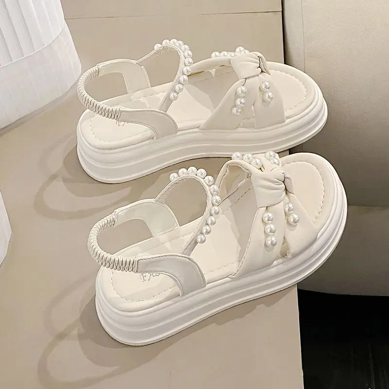Perlweiße Damen-Sandalen mit Plateausohle und Schleife, Damenschuhe, Korea-Schuhe, asiatische Größe 2025, Luxus-Trend, Sommer-Ausverkauf, Vintage-Trend