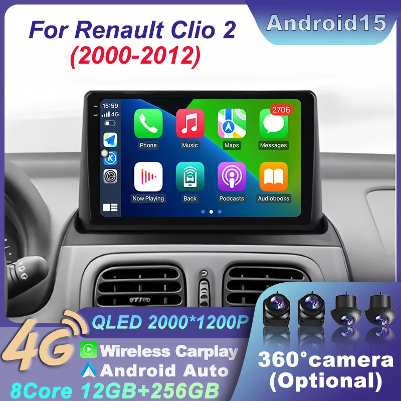 Android 15 Radio Für Renault Clio 2 2000-2012 Auto Stereo Multimedia Navigation Player Drahtlose BT CarPlay Touch 2K QLED Bildschirm Image