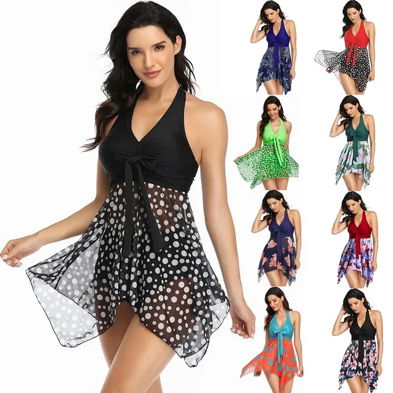 Damen Bikini zweiteiligen Anzug plus Größe Bade bekleidung Hohl schleifen Badeanzug Mesh gedruckt sexy Dreieck kurze konservative Strand kleidung Image