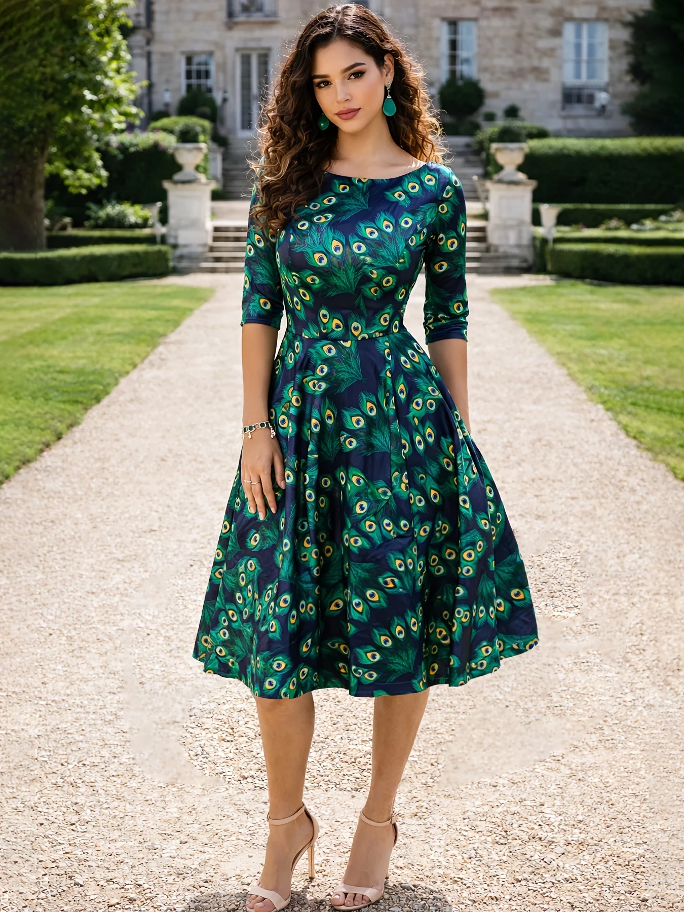 Damen Vintage 1950er Hepburn Rockabilly Kleid mit Halbarm, Rundhalsausschnitt, Blumenmuster, Rockabilly Fit-and-Flare-Skater-Swing-Kleid mit Taschen