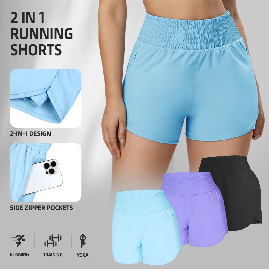Damen 2-in-1 Laufshorts Hochgeschnittene Sportshorts Fitness-Shorts mit Innenhose Reißverschlusstaschen Freizeitkleidung Image