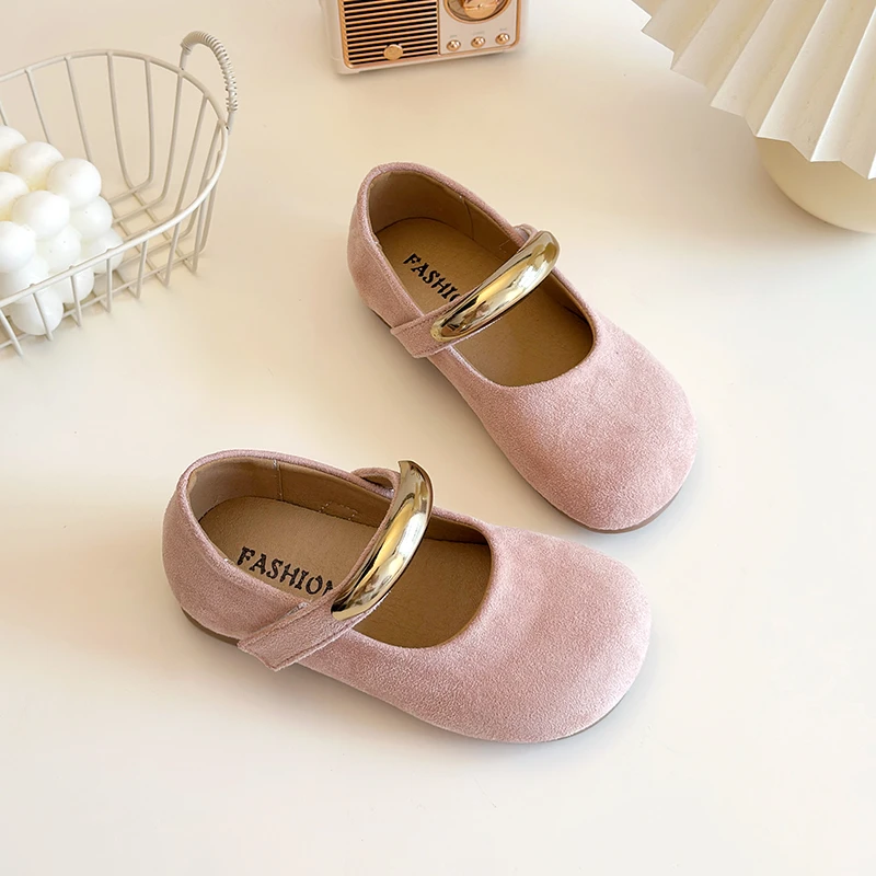 Mädchen Wildleder Mary Jane Schuhe Goldene Metallschnalle Flache Schuhe Kinder Vintage Prinzessinnen-Kleiderschuhe Kleinkind Weiche Sohle