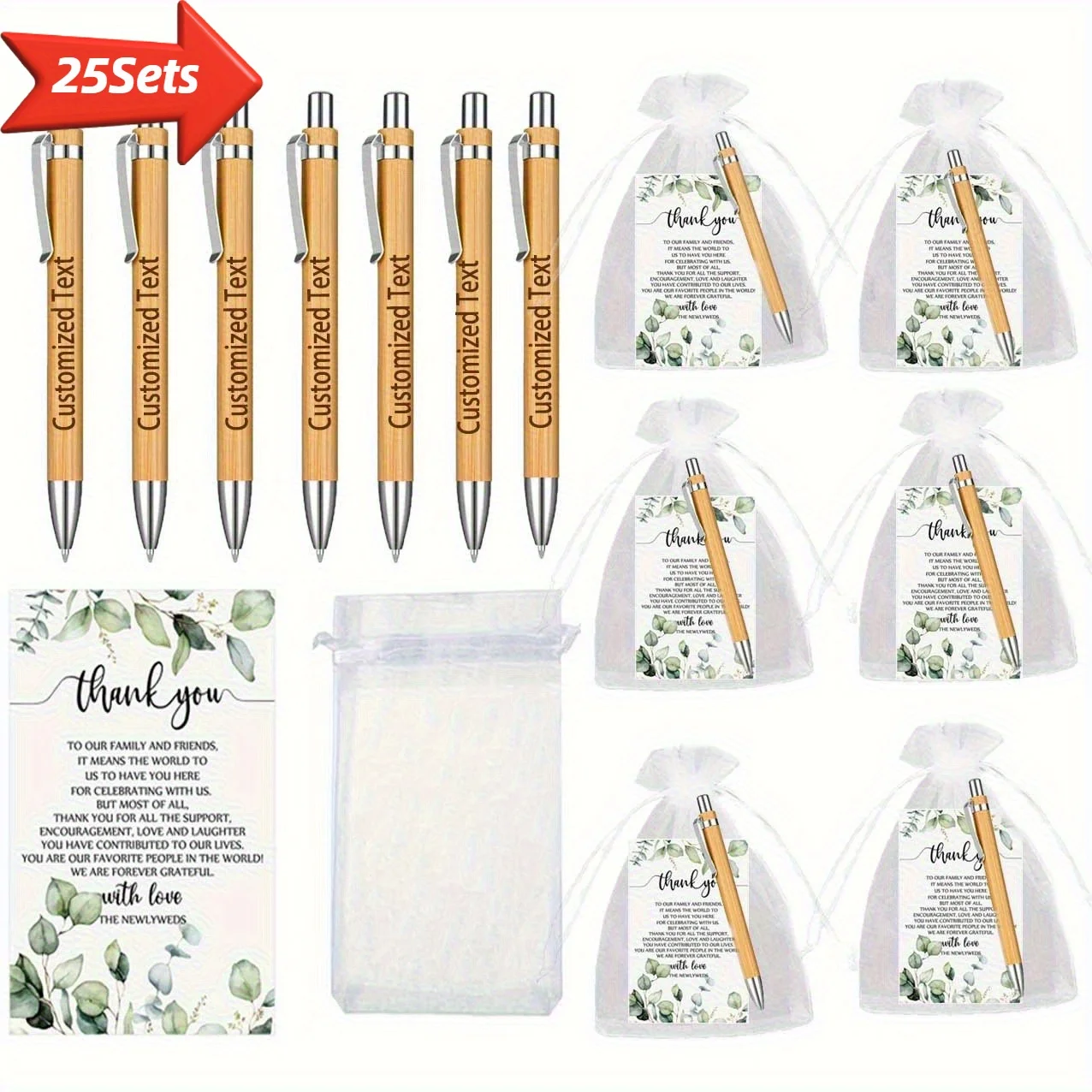 25 Sets anpassbare Kugelschreiber mit Bambus-Gravur und weißen Taschen, Hochzeitskarten für einzigartige Hochzeitsgeschenke, Brautpartyzubehör Image