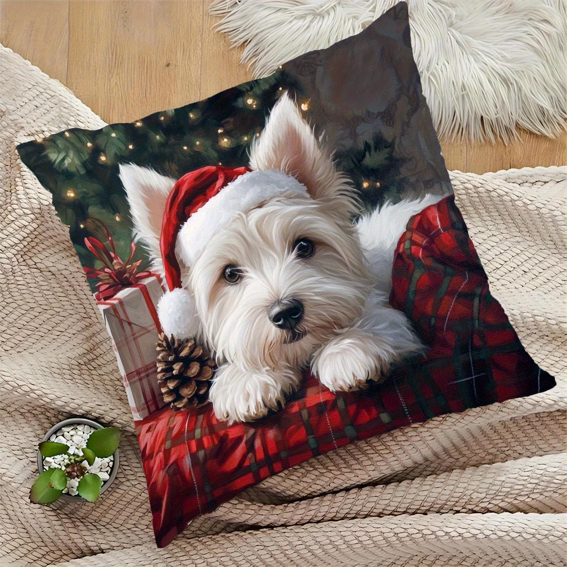 Weihnachts-Kissenbezug mit Westie-Hund | Weich, glatt | Wohndekoration für Wohnzimmer, Sofa, Schlafzimmer (kein Einsatz) Image