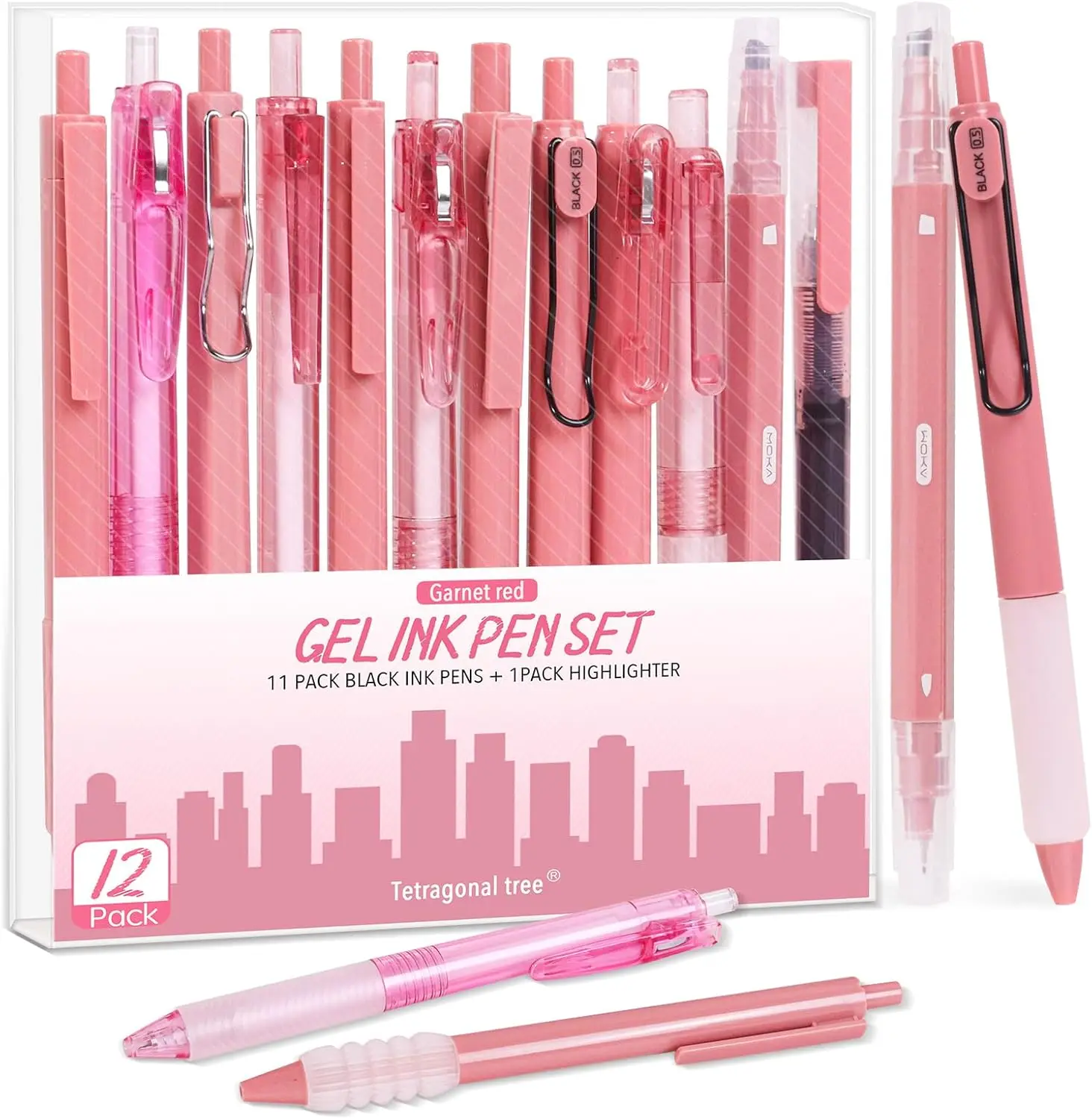 12-teiliges Gelstift-Set, Gelstifte mit Textmarker, schwarze Tinte, feine Spitze 0,5 mm, einziehbar, Schul- und Bürobedarf, für Frauen. Image