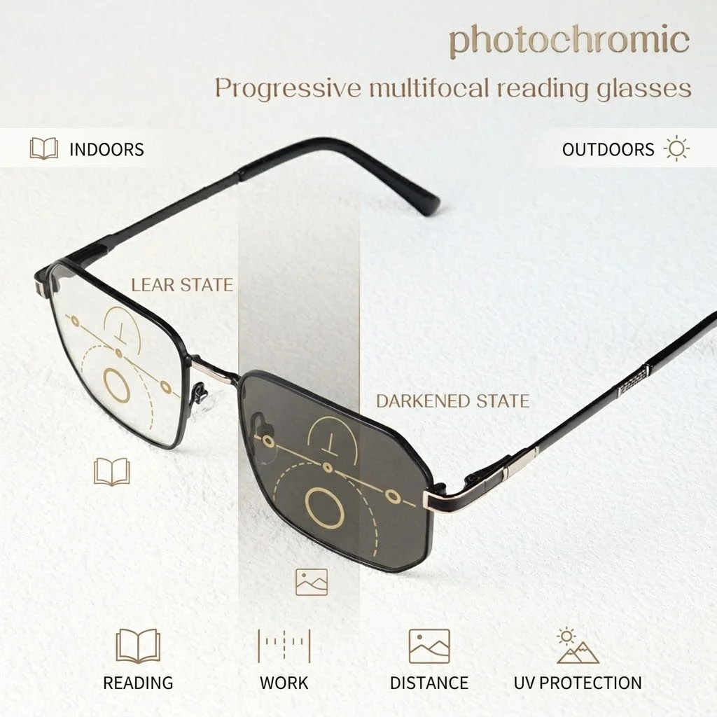 Photochrome, progressive multifokale Lesebrille, stilvoller großer Pilotenrahmen, klare Sicht, angenehm zu tragen, geeignet für Männer und Frauen. Image
