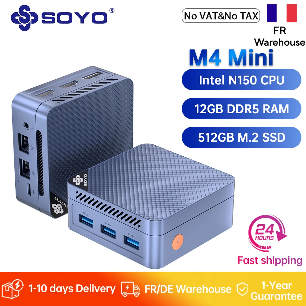 SOYO Mini-PC Intel N150 CPU 12GB DDR5 RAM 512GB M.2 SSD Desktop-Computer 4K Dual HDMI/USB3.2/WiFi 5/BT5.0 für Büro und Business