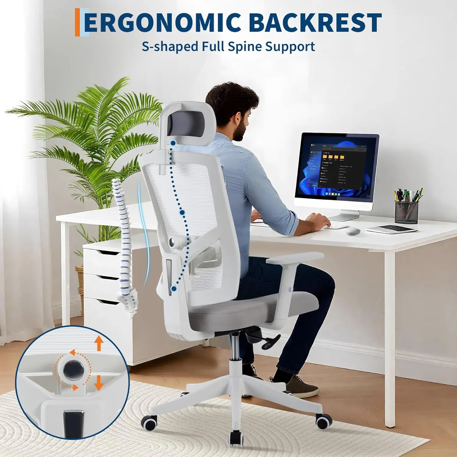 Ergonomischer Bürostuhl: Bequemer Computer-Schreibtischstuhl mit verstellbarer, gepolsterter Kopfstütze, hoher Rückenlehne, komfortabler Lendenwirbelstütze, Gaming-Stuhl für Schlafzimmer, breiter Sitz, Sitzmöbel für den Arbeitsbereich, stabile...