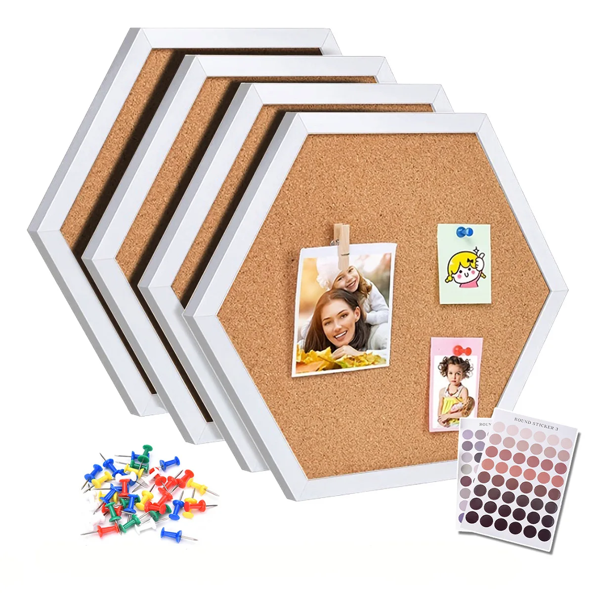 Korktafel mit weißem Holzrahmen, gleichseitige Sechseck-Pintafeln, dekorative Postkartenwand-Pinnwand, innovative Nachrichtentafeln Image