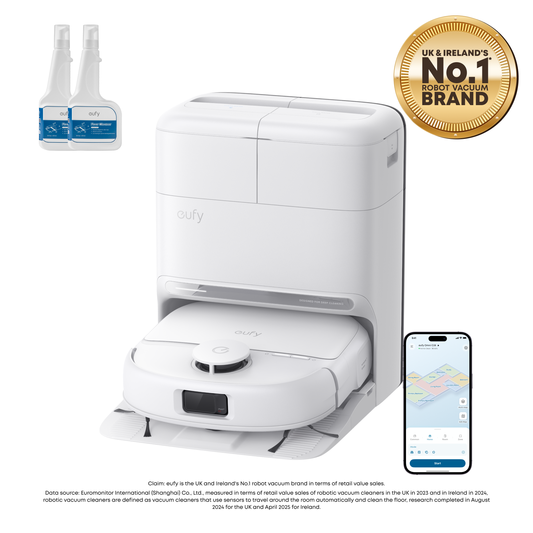 eufy Omni C28 Robot Vacuum (White) and Mop with 2 bottles of eufy Floor Cleaning Solution