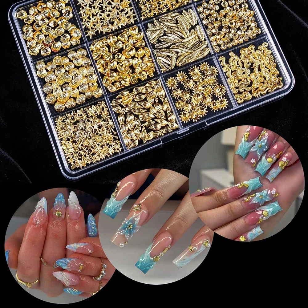 12 verschiedene Metall-Nagelkunstnieten im 3D-Ozean-Thema: Goldene Muscheln, Seepferdchen, Seesterne, Muschelschalen, Legierungsnieten für Maniküre-Dekoration Image