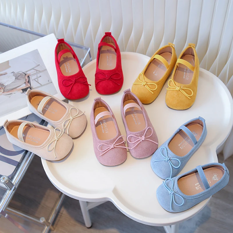 Prinzessinnenschuhe für kleine Mädchen, Bonbonfarben, Schleife, elastisches Band, flacher Kinderschuh aus Wildleder, süßer Slip-On, bequemer Herbst-Kinderschuh, Größe 21–30