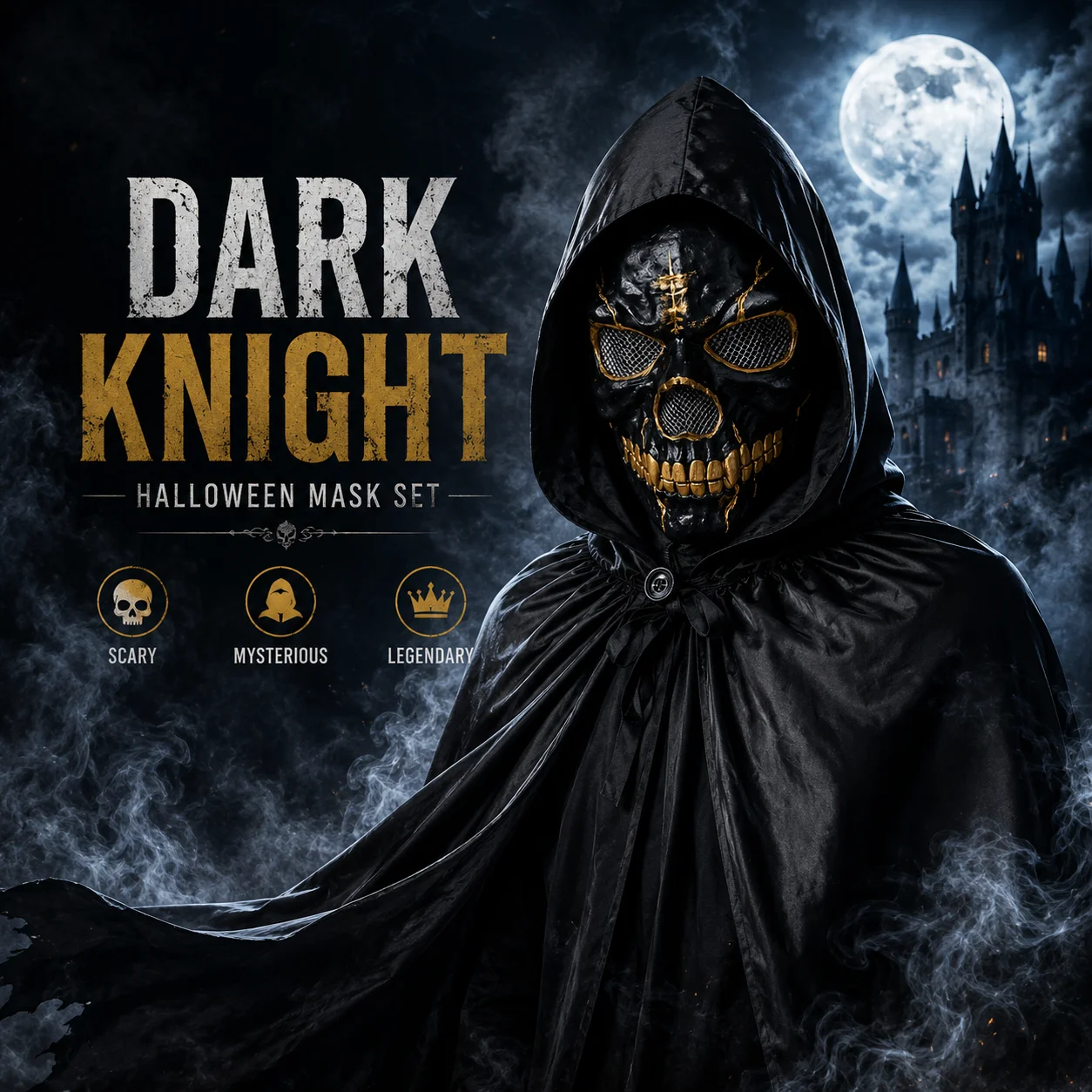 Dunkler Ritter Totenkopf-Masken-Set für Halloween, Kapuzenumhang Cosplay-Kostüm im Gotischen Horror-Stil für Erwachsene Image