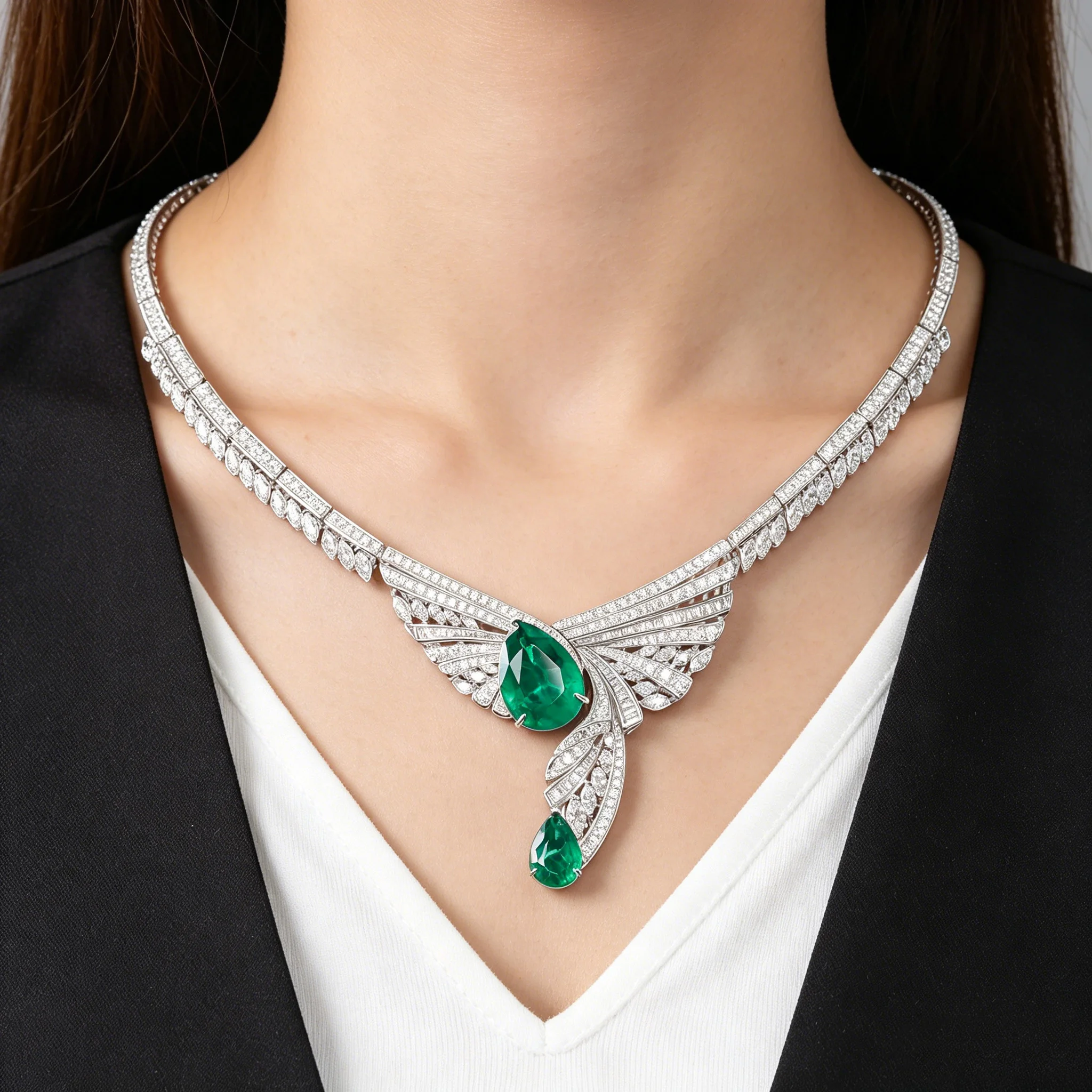 Art Deco Statement-Halskette 13 Karat Birnenförmiger Künstlicher Smaragd 925 Sterling Silber Rhodium-Plattiert Feiner Schmuck für Damen Abendgarderobe