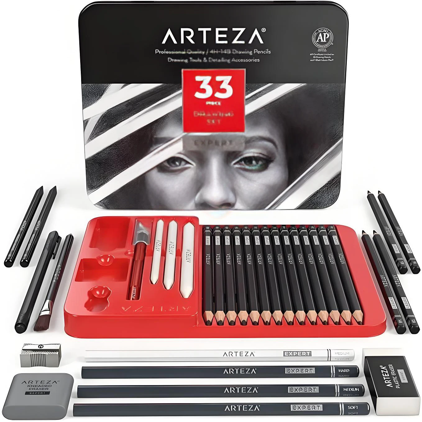 Arteza 33-teiliges Zeichenset für Erwachsene, Künstler-Skizzierset mit Graphit- und Kohlebleistiften, Blender, Radiergummis, Kunstbedarf Image