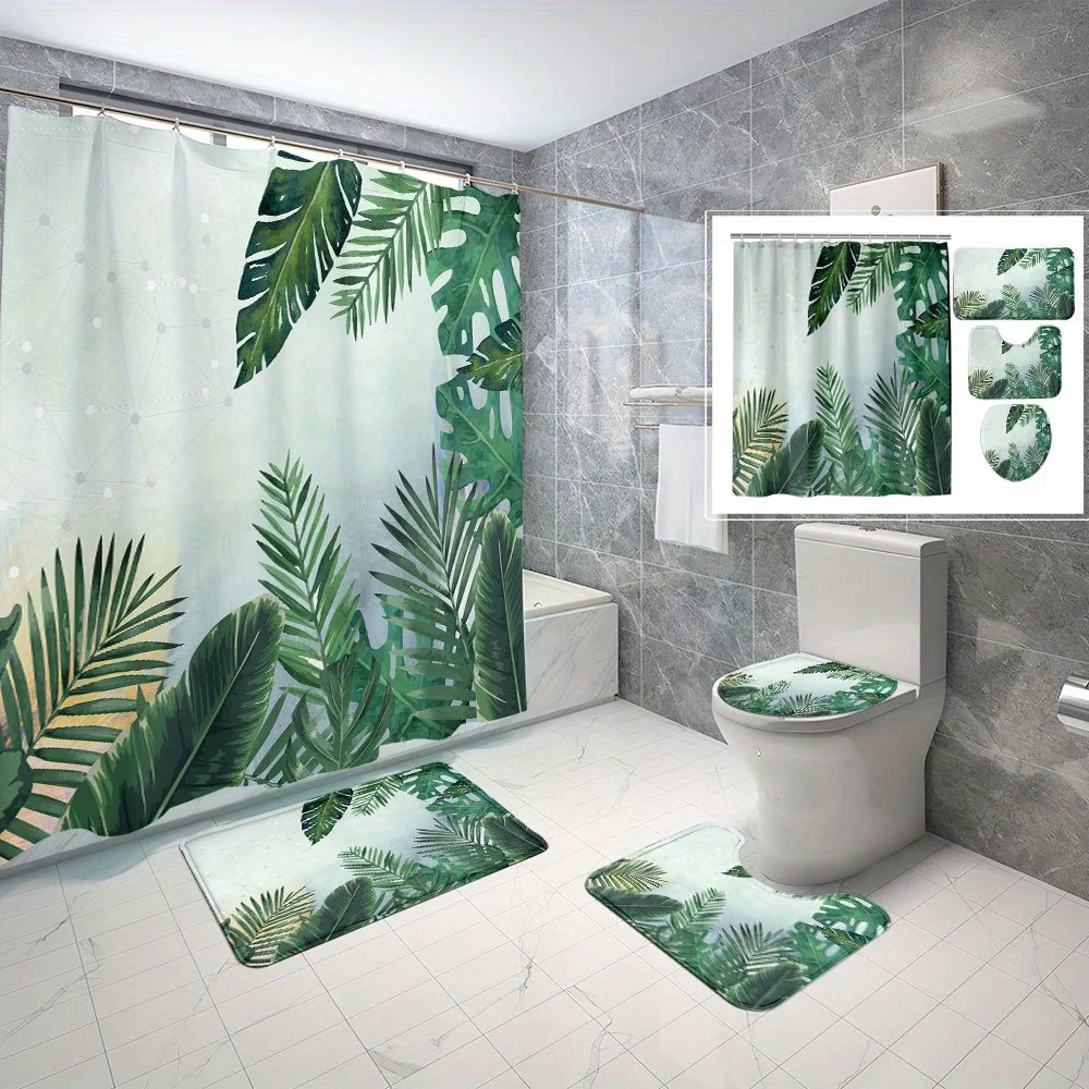 Ensemble de salle de bain à motif de plantes tropicales, rideau de douche imperméable + tapis de sol + tapis de toilette, ensemble de salle de bain 4 pièces pour salle de bain