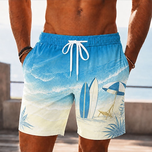 Herren Kokospalme Meereswellen Badehosen Badeanzüge Badeshorts Boardshorts Mittlere Taille Hawaiianisch Täglich Strandurlaub Seitentaschen Netzfutter Elastischer Kordelzug in der Taille Designer Image