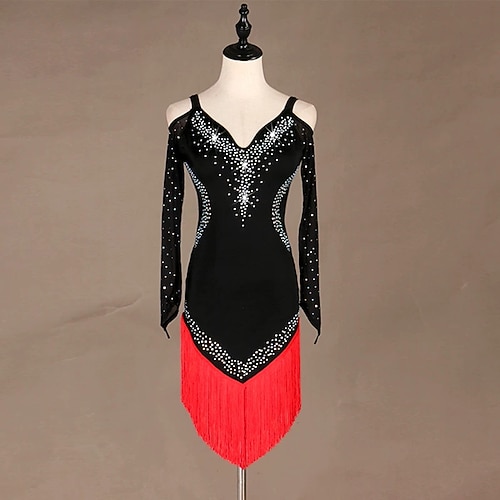 Lateinamerikanischer Tanz Kleid Strass Quaste Unisex Party Training Leistung Langarm Hoch Nylon Image