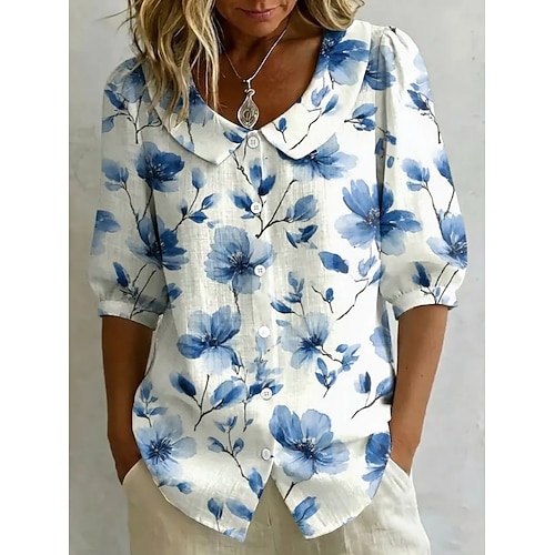 Damen Hemd Blumen Grafik Elegant Bohemien Urlaub Peter Pan Kragen Lange Oberteile Lässig Täglich Streetwear Weiß Sommer Frühling Image