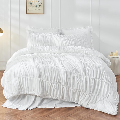 Bettwäsche-Set (Queen-Size) – geraffte Steppdecke im Boho-Shabby-Chic-Stil fürs Schlafzimmer, flauschiges 3-teiliges Set mit Kissen, weiche weiße Bettwäsche Image
