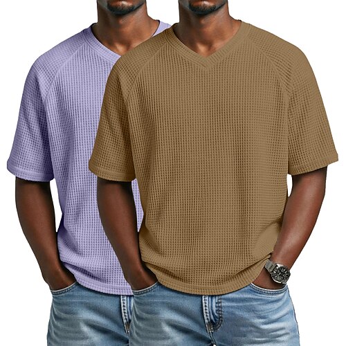 Herren 2-teiliges Waffel-T-Shirt-Set, Kurzarm, V-Ausschnitt, Sommer, einfarbig, modisches Designerstück, lässig, Raglanärmel, hellblau, schwarz, weiß, für Outdoor-Aktivitäten Image