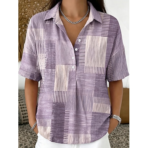 Damen Hemd Knöpfe Druck Grafik Geometrisch Vintage Täglich Stilvoll Kurzarm Umlegekragen Lange Oberteile Lässig Täglich Ferien Blau Khaki Rosa Purpur Sommer Frühling Image
